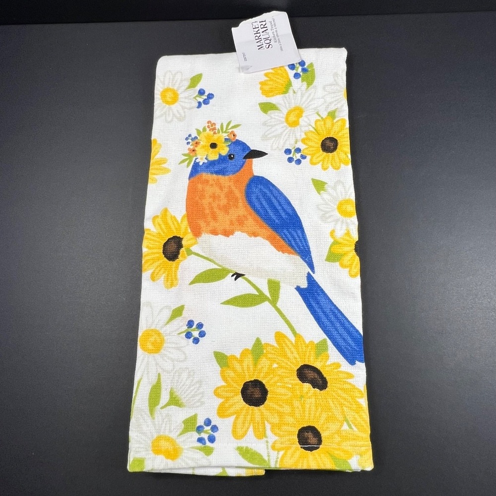 Market Square Kitchen Towel Home 16x26 White New Bluebird Sunflower Floral